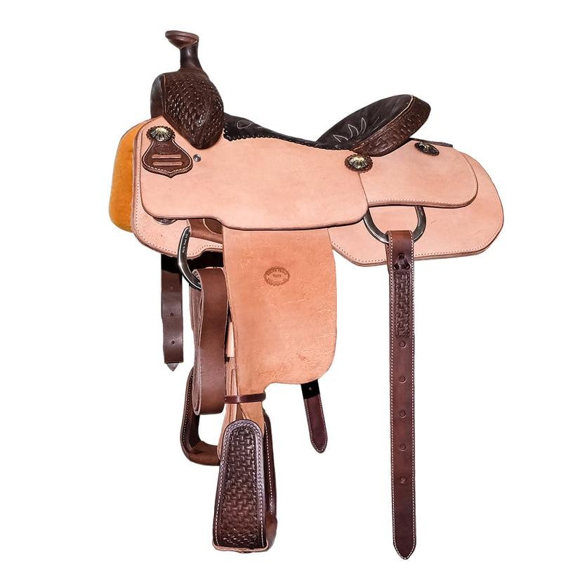 South Texas Tack Natural Rough Out Eighth Chocolate Axe Tool with Black Suede Seat Team Roping Saddle
